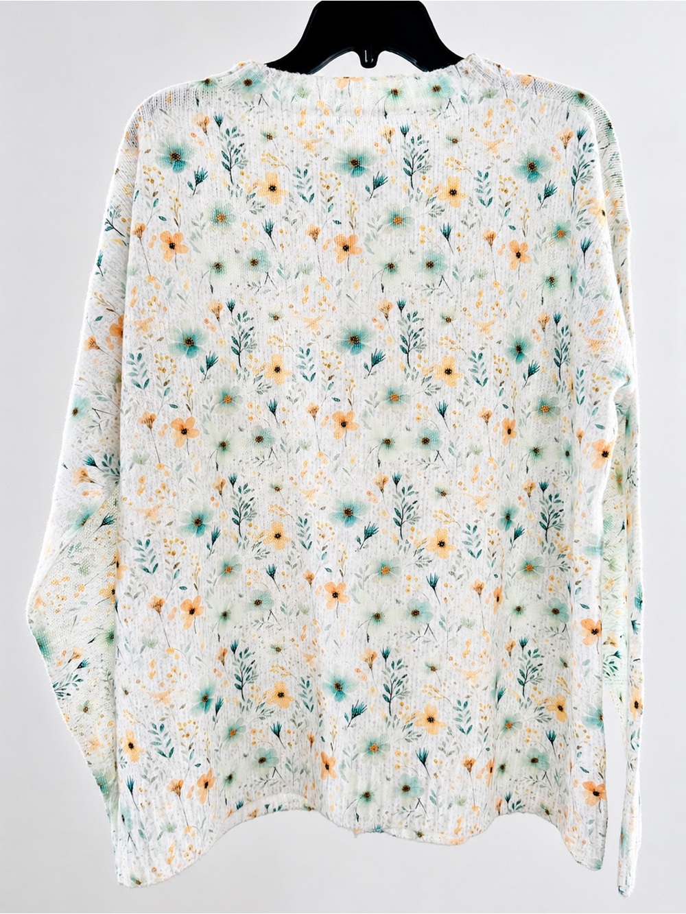 Vintage White Cottagecore Floral Button-Up Cardigan with Yellow & Teal Flowers - Picture 4 of 4